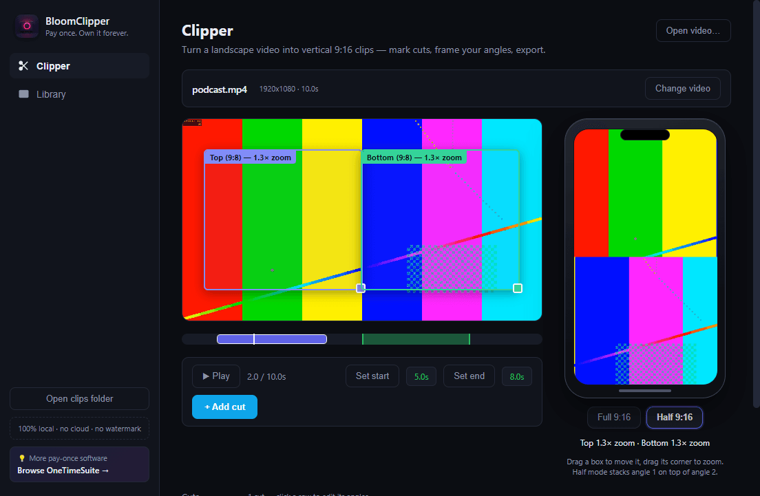 Bloom Clipper editor — cut timeline on the left, live 9:16 phone preview on the right